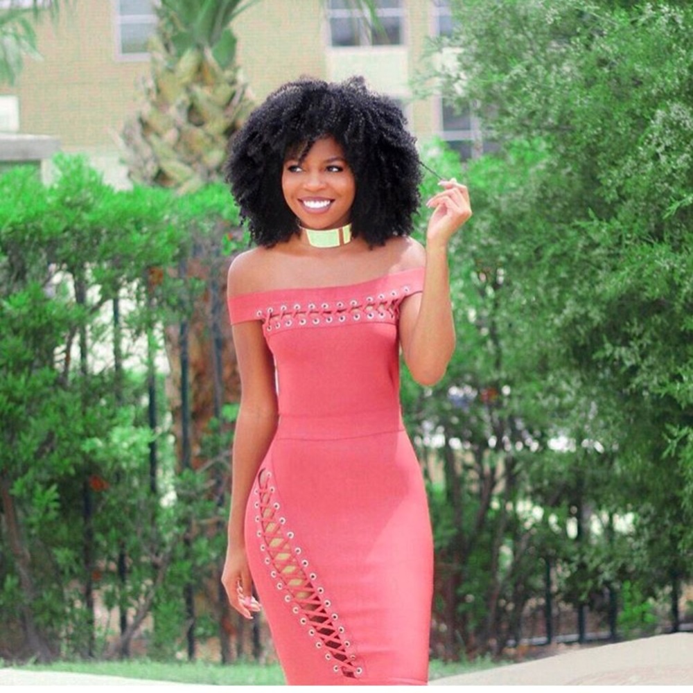 Pecan lace up off the shoulder bandage dress